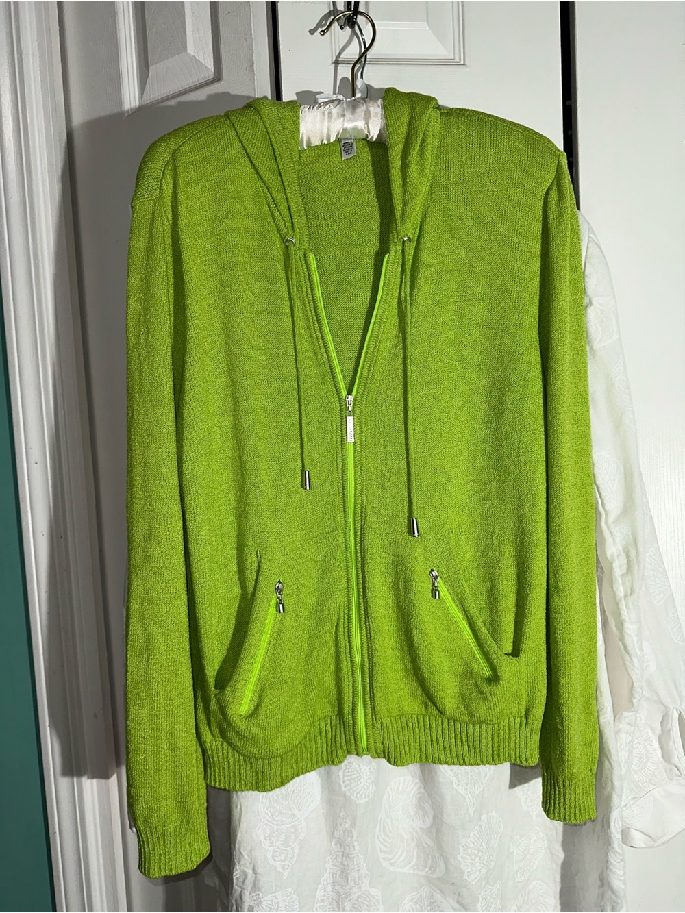 St John Lime Green Hoodie Knit Wool Blend Zip Long Sleeve M  AA19